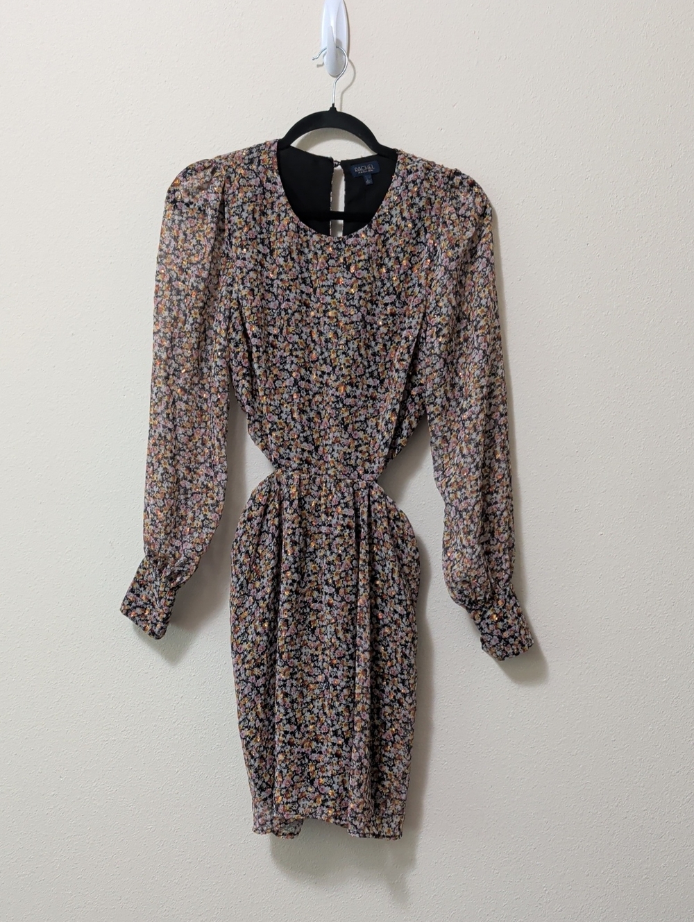 RACHEL Rachel Roy Black Floral Long-Sleeve Cut Out Waist Dress